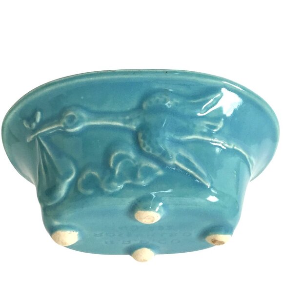 R.R.P. CO. Roseville Aqua Blue Stork Planter VTG Nursery Decor Baby Shower Gift - Picture 1 of 8